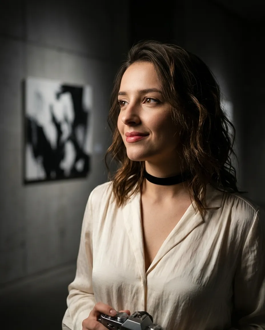Cinematic Lifestyle Portrait Photos in a Minimalist Art Gallery with Rembrandt Lighting after example