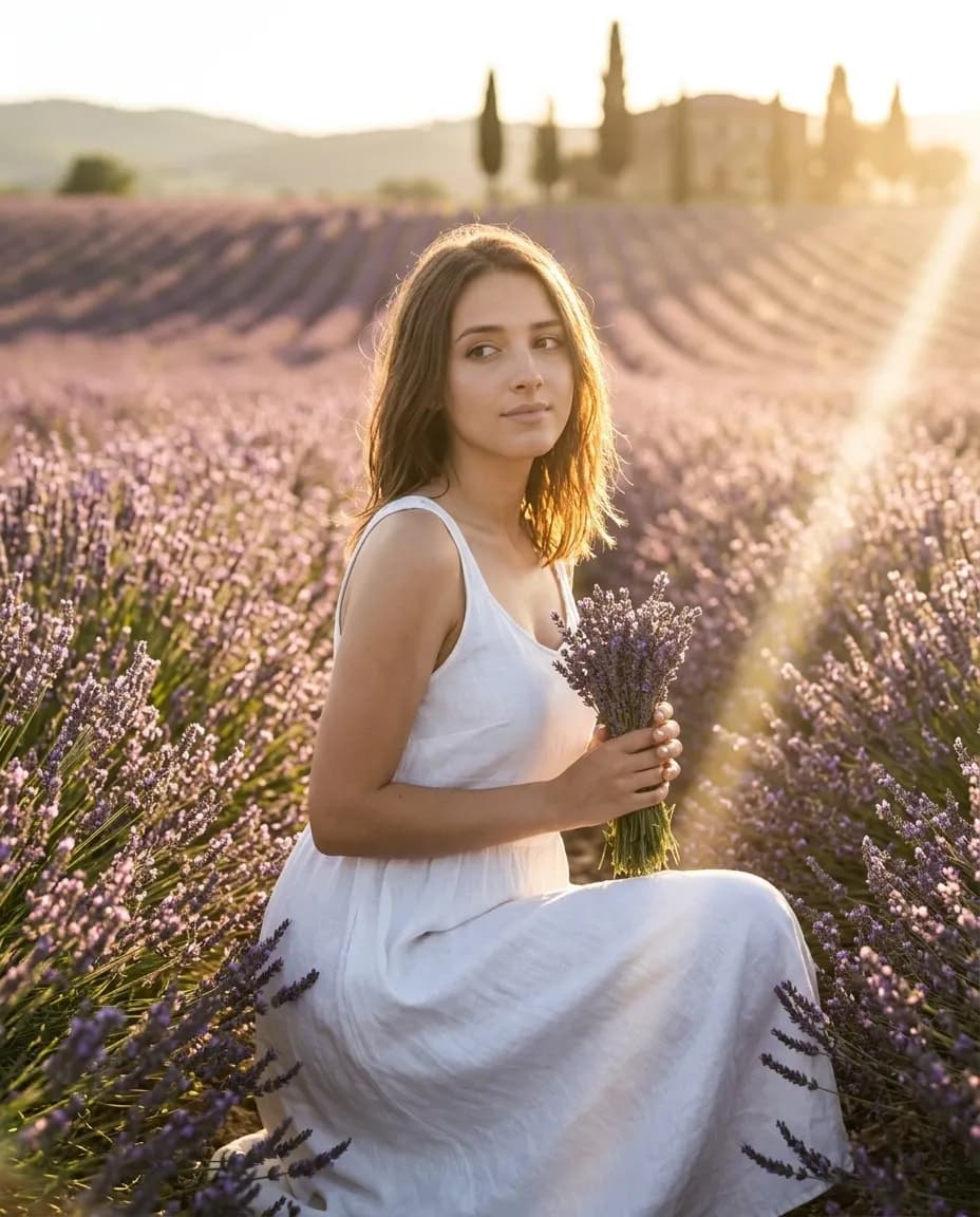 Cinematic Lifestyle Portrait Photos in Provence with Lavender and Golden Hour after example