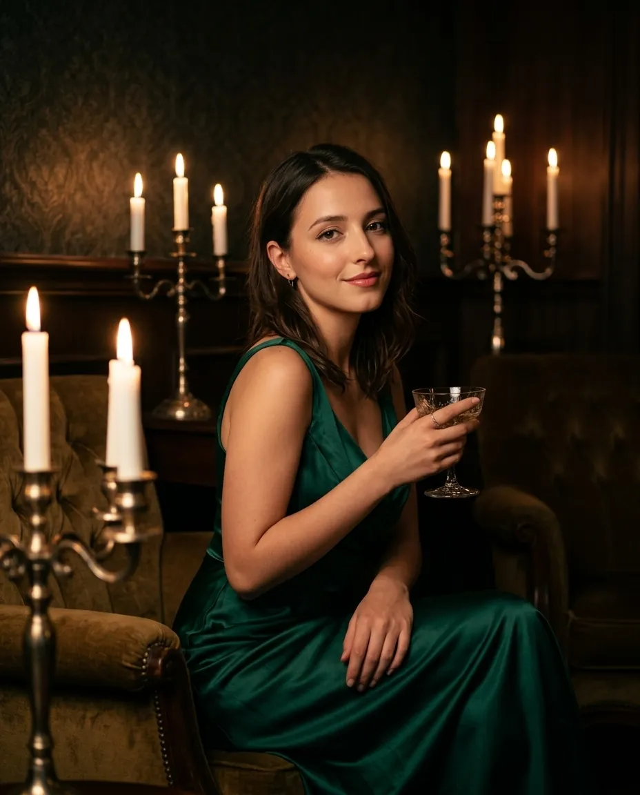 Cinematic Lifestyle Portrait Photos in a Victorian Lounge with Candlelight after