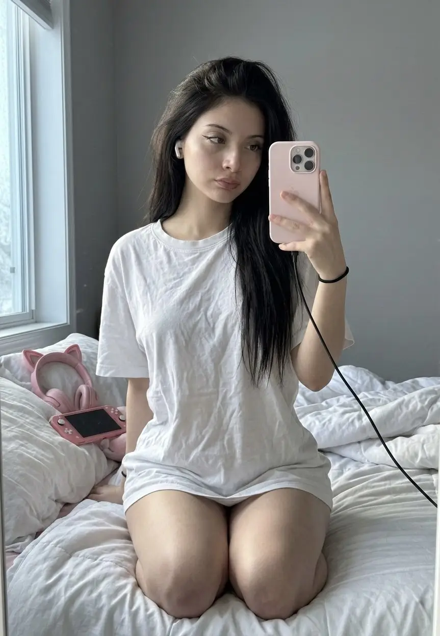 Cozy Girl Mirror Selfie & Oversized Tee example output