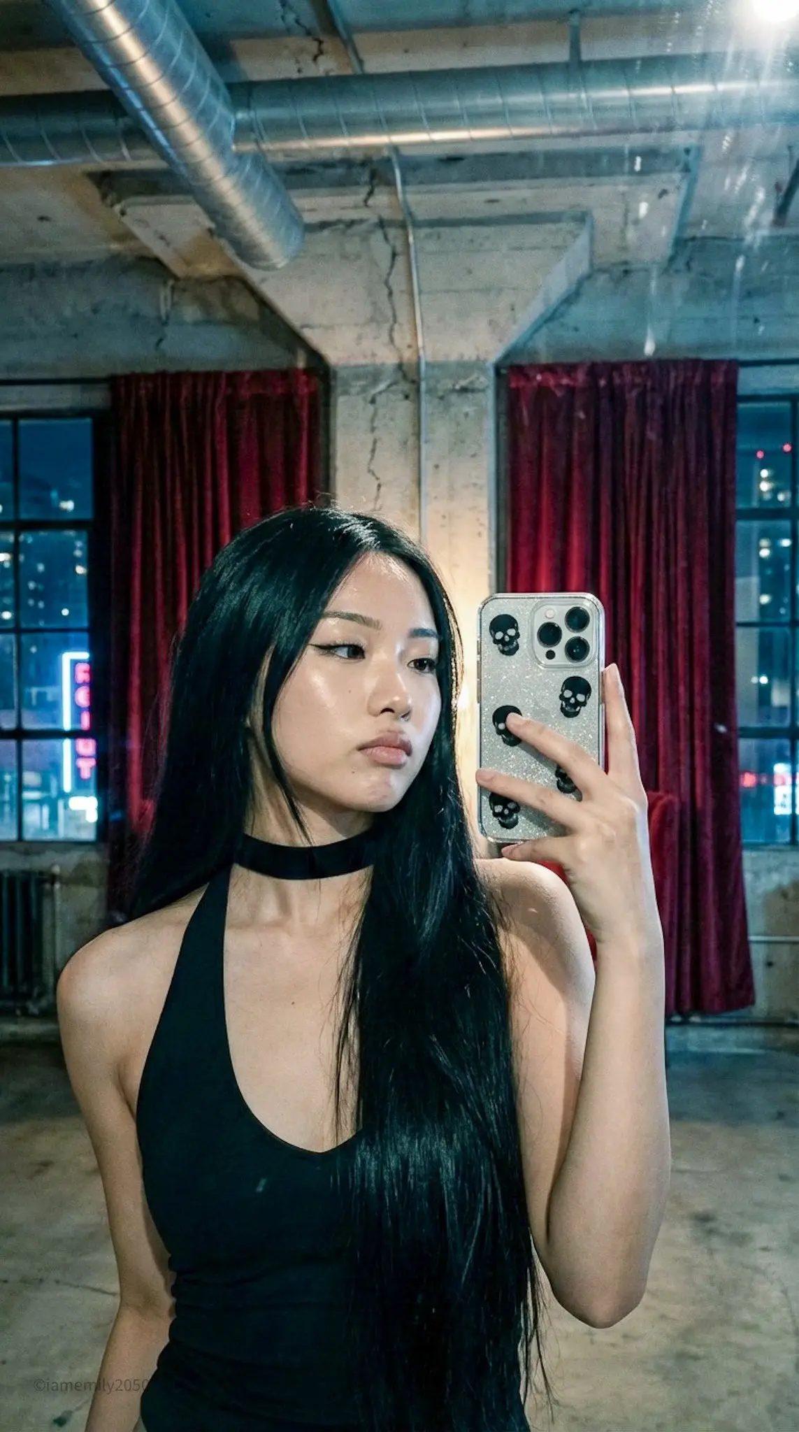 Dark Coquette Aesthetic: Cinematic Asian Beauty Mirror Selfie example output