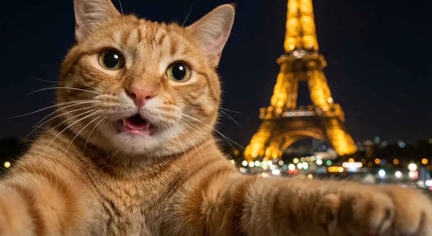 Excited Tabby Selfie in Paris example output