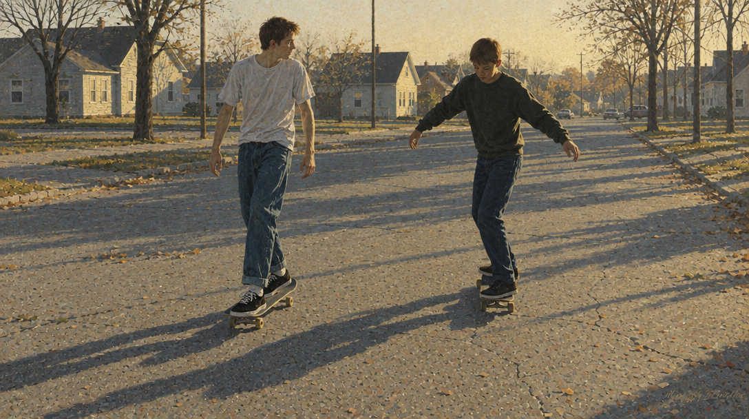 These two are riding together inside a street. Keep the same vibes. Both are standing.