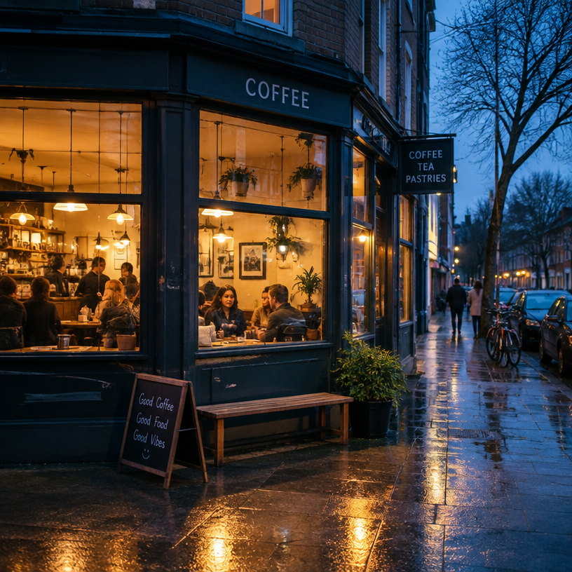 A cozy neighbourhood coffee shop at blue hour, warm window light spilling onto wet pavement, people chatting inside, candid street photography, 35mm