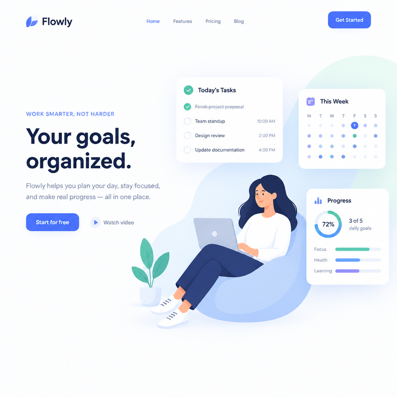 Flat vector illustration for a productivity app landing page, soft gradients, three floating UI cards, generous white space, modern brand style