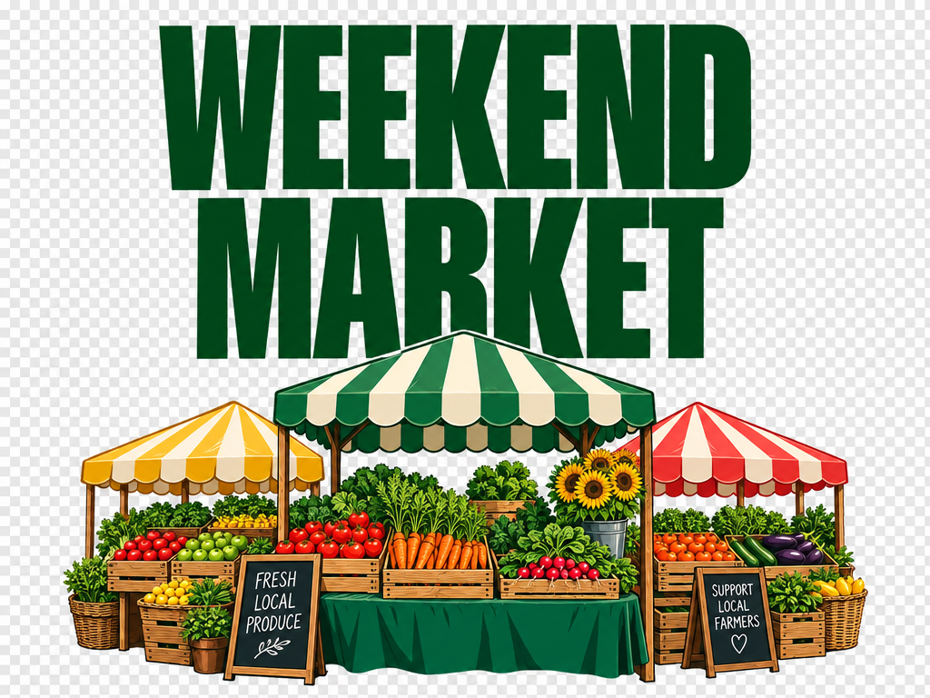 A poster that reads 'WEEKEND MARKET' in bold condensed type, produce stalls below, transparent background, print-ready layout