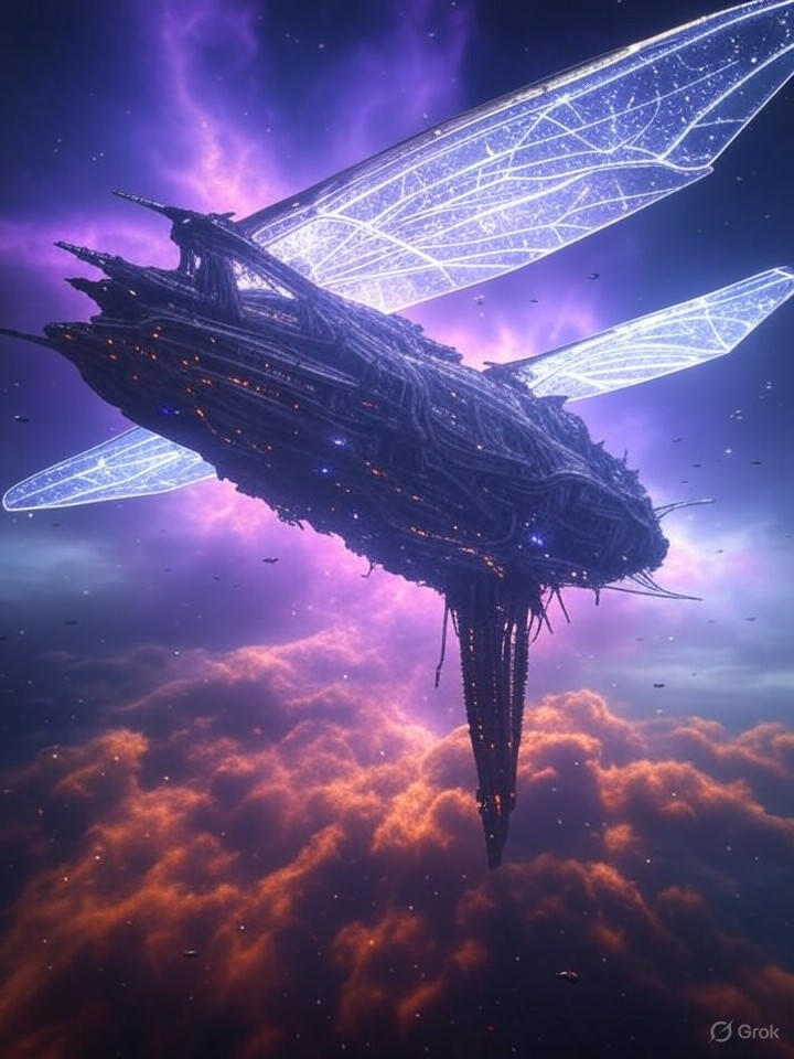 Cinematic aerial shot of a colossal biomechanical city-ship drifting through a nebula at golden hour, intricate organic-metallic architecture covered in bioluminescent veins, massive translucent wings made of light, thousands of tiny ships swarming like fireflies, warm rim lighting against cold cosmic background, shot on 65mm IMAX film, anamorphic lens flares, insane detail, photorealistic, 8K