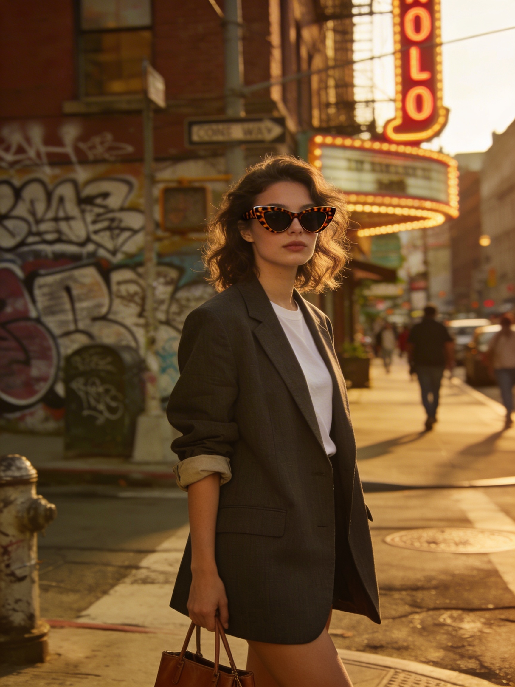 Street style photography, a stylish young woman in an oversized blazer and vintage sunglasses, urban backdrop, golden hour, shot on Leica