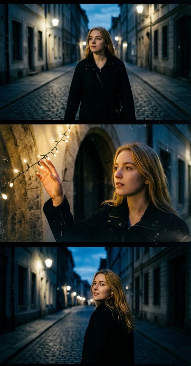 Cinematic 3-Frame Film Stills — Sequential Vertical Story Portrait