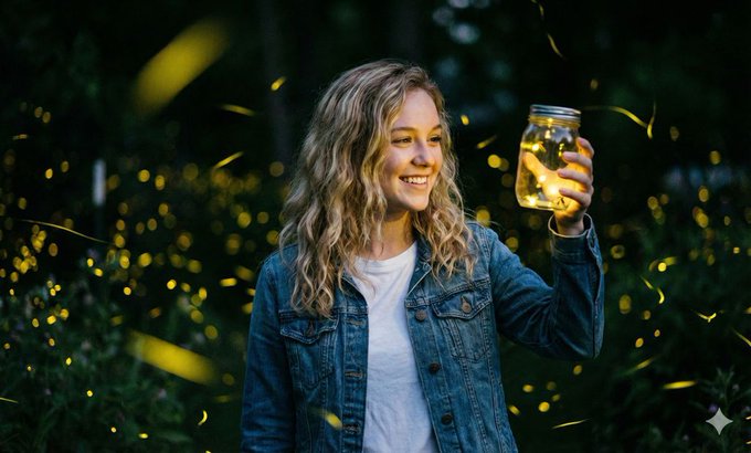 Fireflies Night Garden Portrait — Glowing Jar Face-Preserve Photo