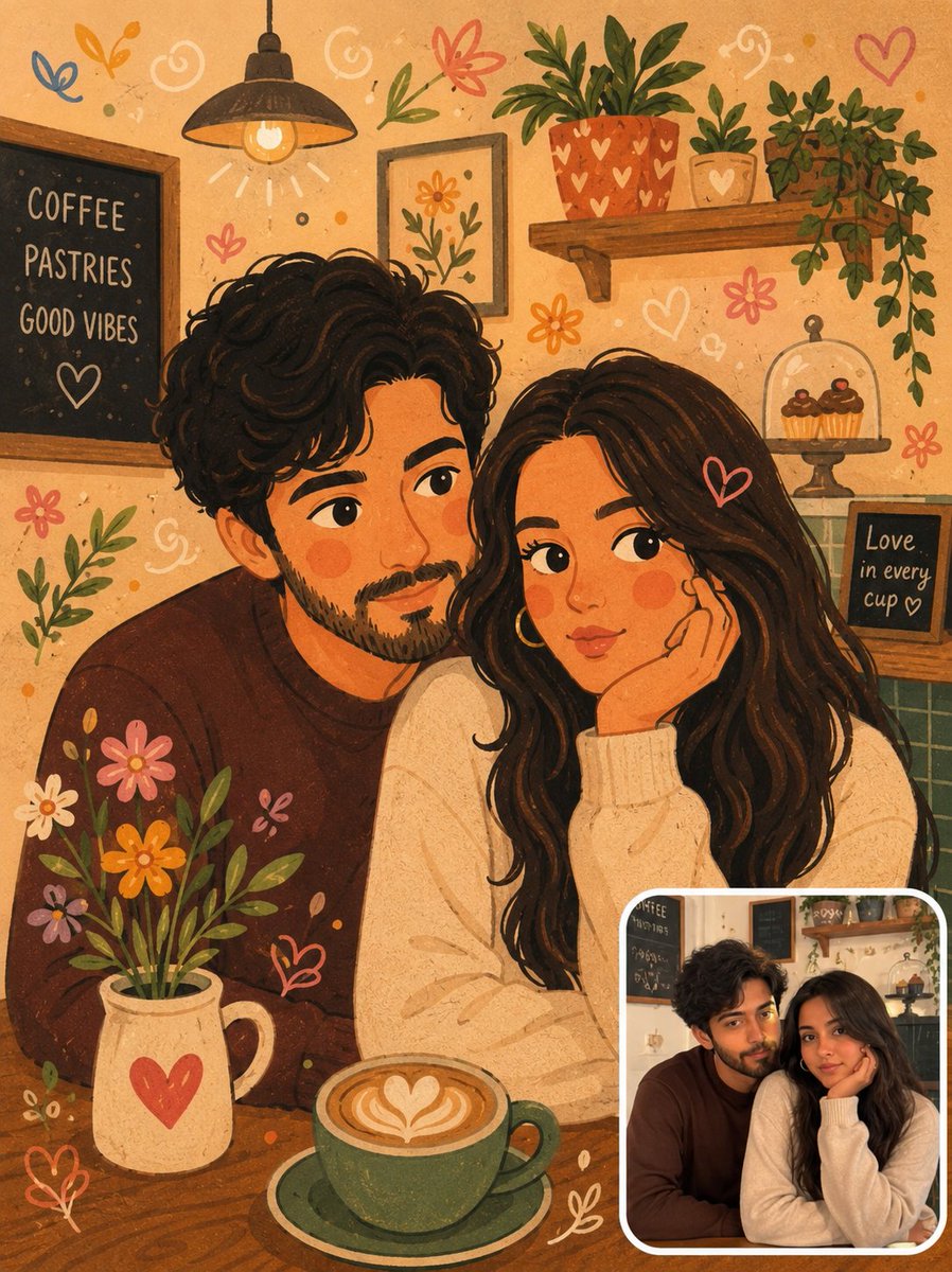 Folk Doodle Café Couple Poster — Storybook Before-After Illustration