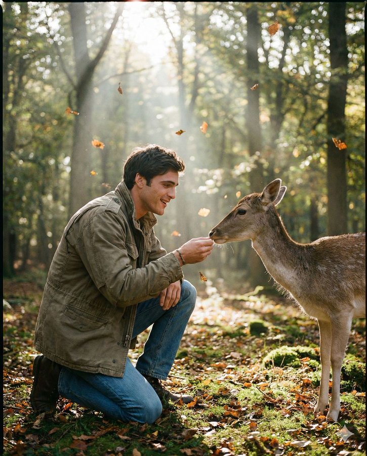 Forest Deer Encounter Portrait — Peaceful Magic Face-Preserve Photo