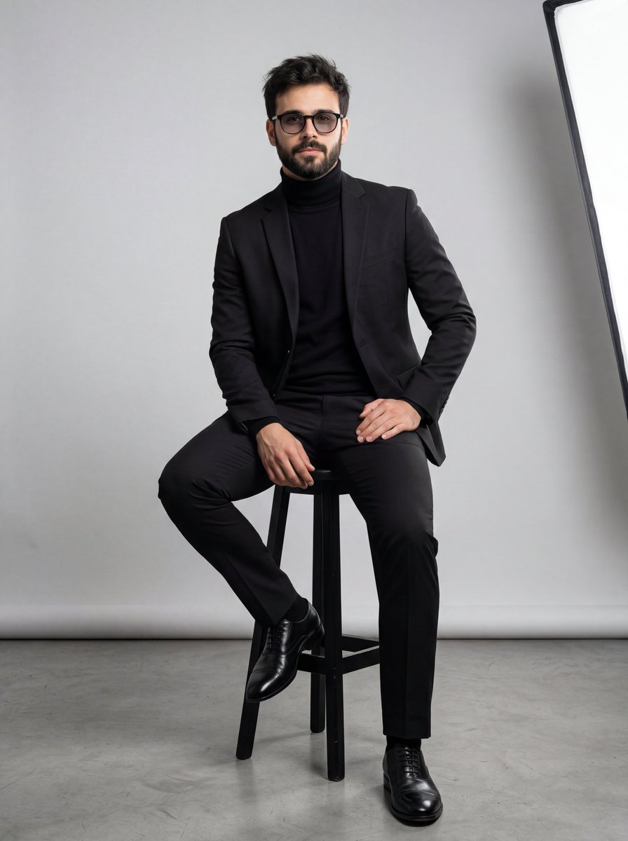 Full-Body Studio Portrait — All-Black Suit Barstool Editorial