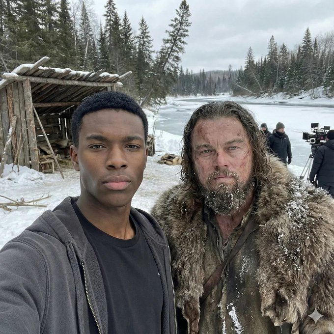 Movie Set Selfie with Character — Behind-the-Scenes Face-Preserve Portrait
