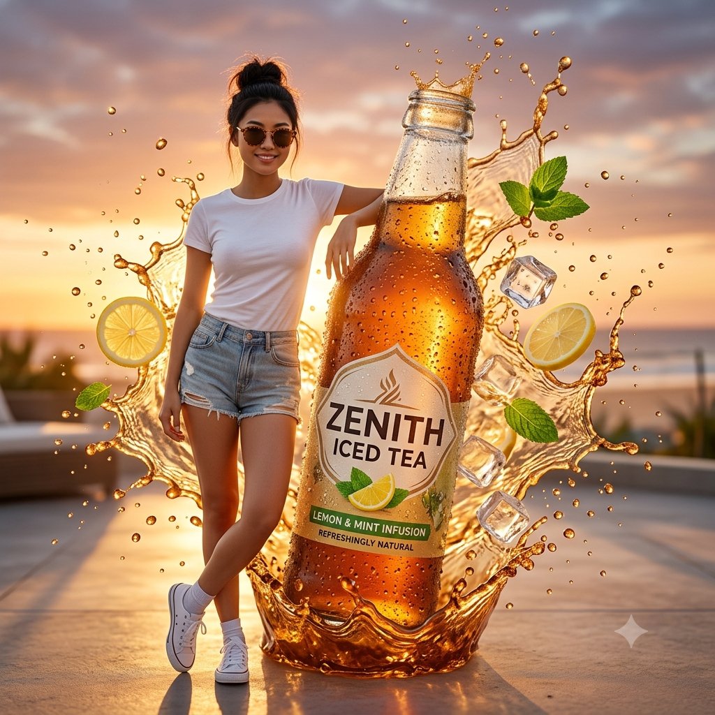 Premium Iced Tea Beverage Commercial — Golden Hour Splash Lifestyle Ad