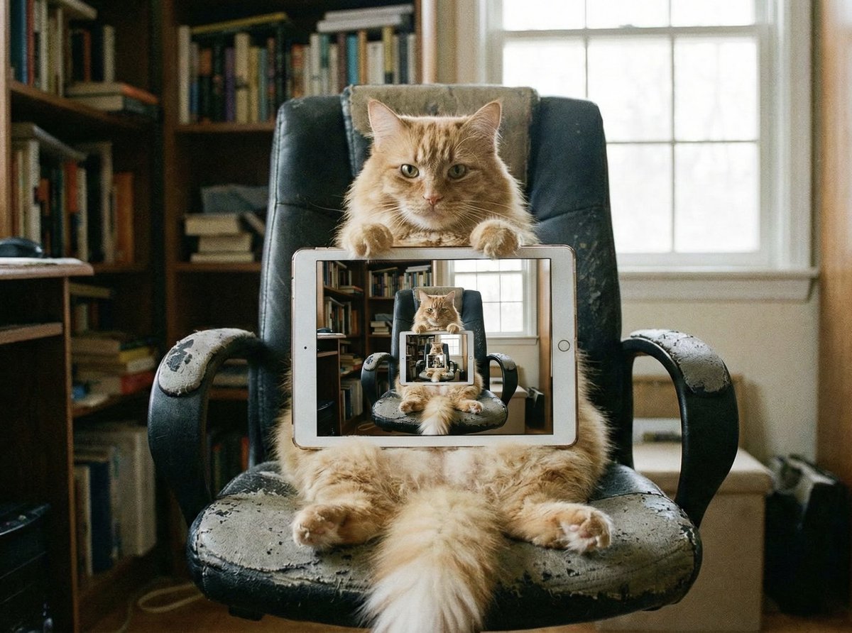 Infinite Recursive Orange Cat iPad — Droste Effect Office Scene