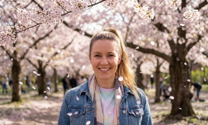 Spring Cherry Blossom Portrait — Pink Petals Falling Face-Preserve Photo