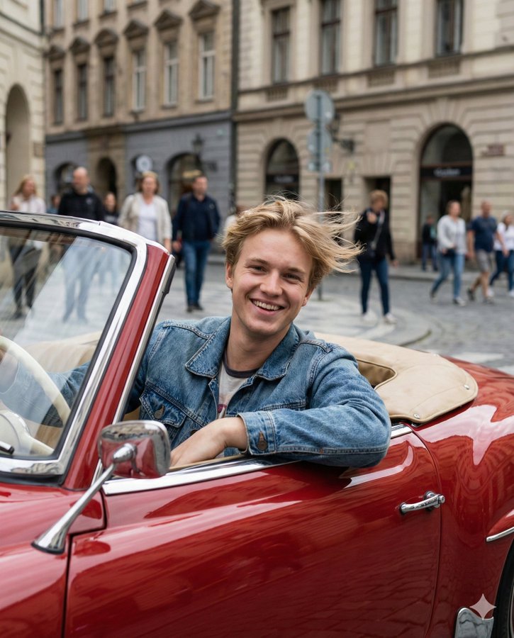 Vintage Convertible Street Portrait — Wind-Swept Candid Car Photo