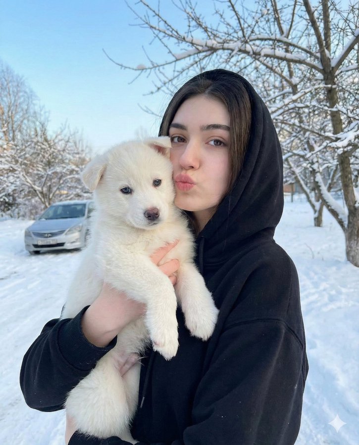 Winter Snow Selfie with White Puppy — Cute Girl & Dog Outdoor Portrait
